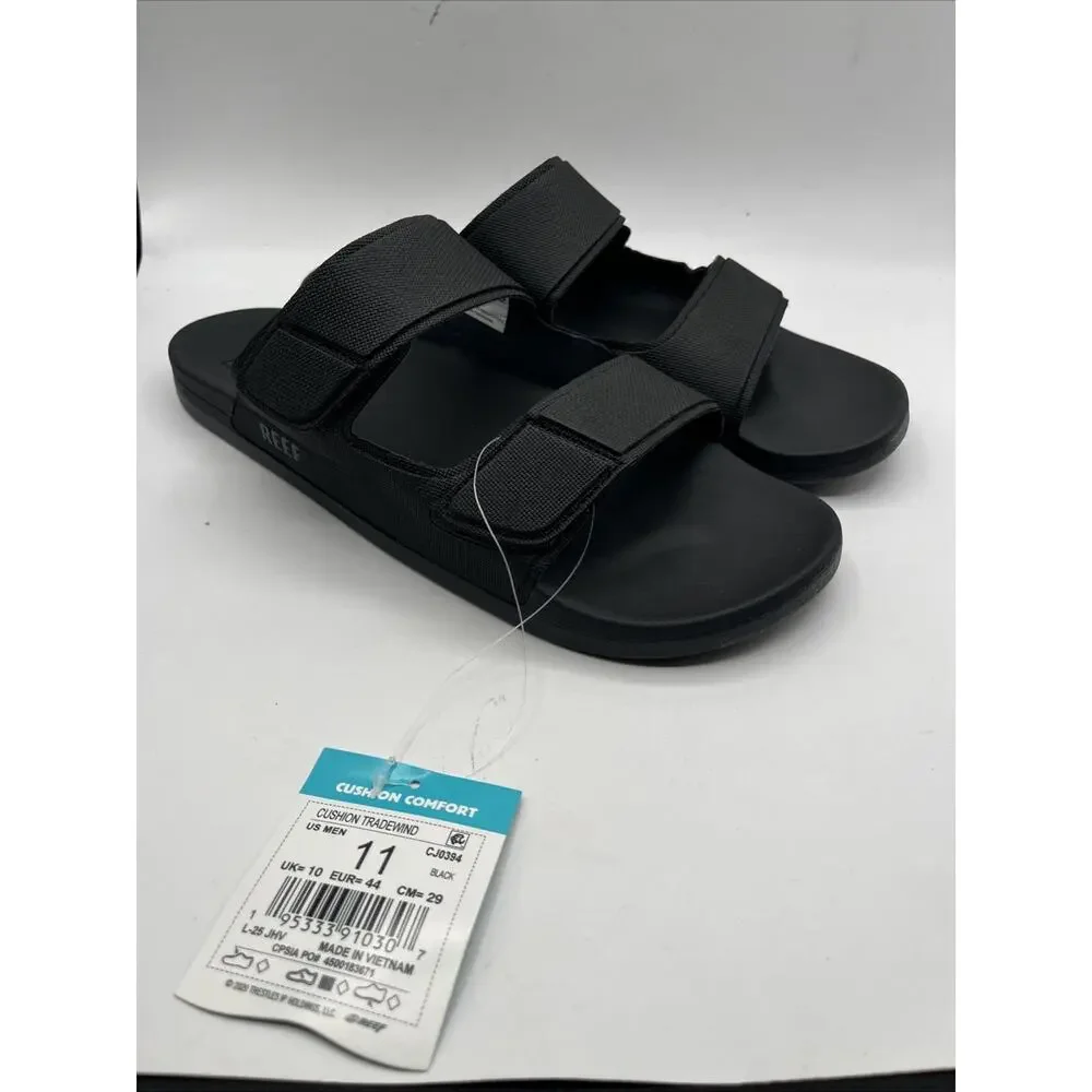 REEF Sandals Mens 11 Cushion Tradewind 2-Strap Slip On Comfort Slide Black NWT